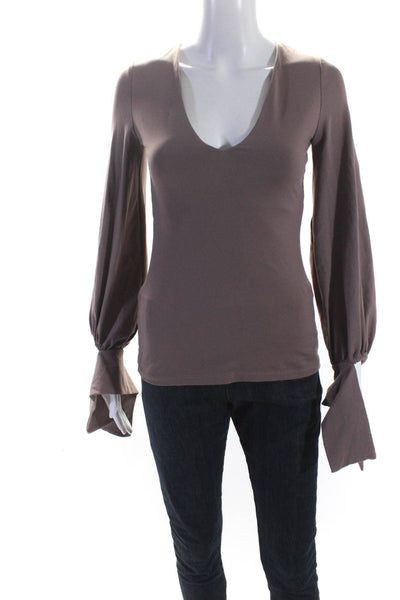Susana Monaco Womens Jersey Knit Tied Cuff V-Neck Blouse Top Taupe Size S