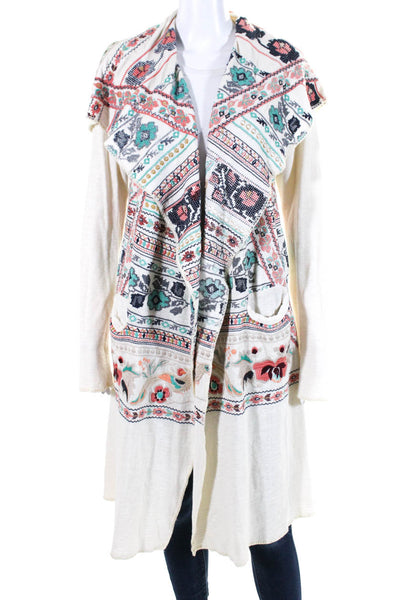 Biya Womens Open Front Hooded Floral Embroidered Cardigan Sweater White Medium