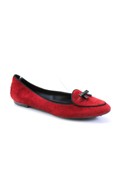 Tods Womens Suede Pointed Apron Toe Bow Accent Flat Heel Flats Dark Red Size 7