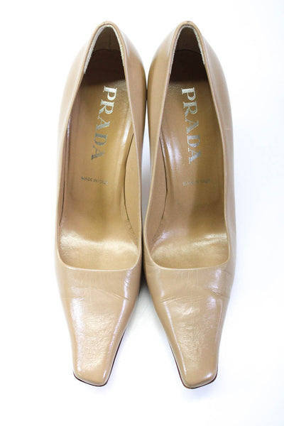 Prada Womens Leather Square Toe Spool High Heel Pumps Beige Size 7US 37EU