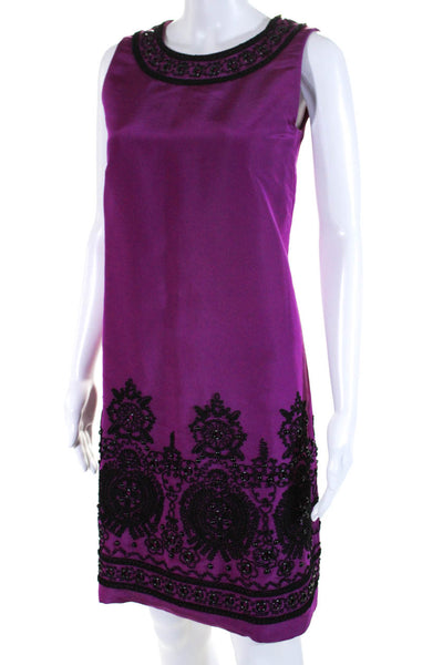Oscar de la Renta Womens Embroidered Sleeveless Shift Dress Purple Black Size 6