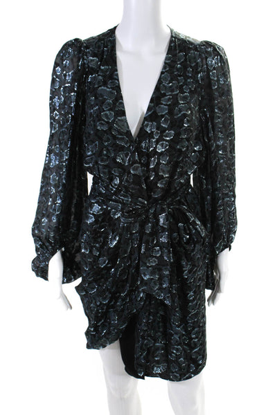 Ba&Sh Womens Metallic Leopard Fil Coupe Long Sleeve Wrap Dress Blue Size Large
