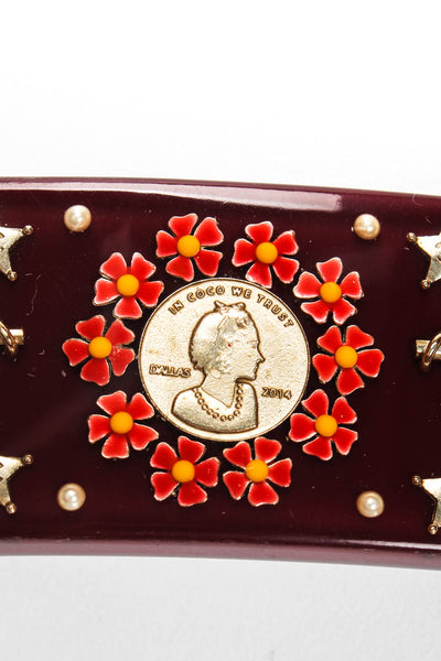 Chanel Womens Coin Pistol Flower CC Star Charm Resin Hair Clip Red