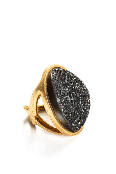 Designer Women's Gold Plated Black Drusy Quartz Cocktail Ring Size 6.5