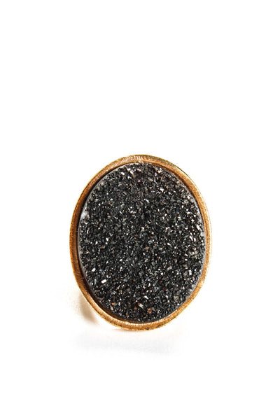 Designer Women's Gold Plated Black Drusy Quartz Cocktail Ring Size 6.5