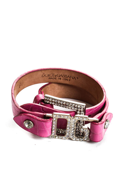 Dolce and Gabbana Pink Embossed Leather Cubic Zirconia Accent Logo Choker 13"