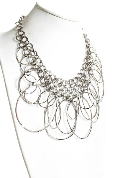 Designer Womens Multi Chain Silver Tone Hoop Statement Necklace 18"