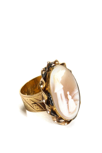 Designer Women's 18k Gold Band Gold Plated Bezel Agate Cameo Engraved Vintage Ri