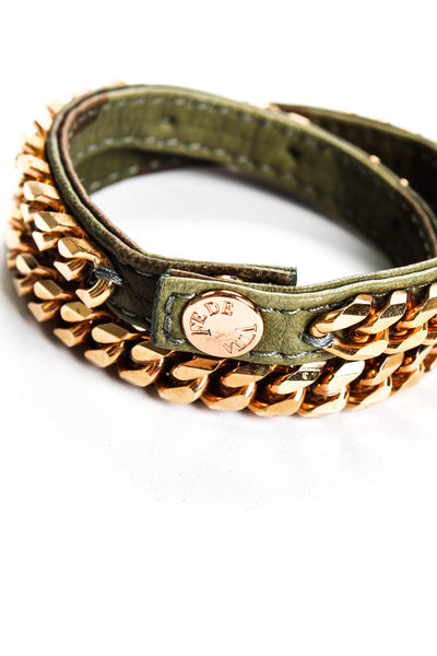 Vita Fede Women's Rose Gold Tone Cuban Link Green Leather Wrap Bracelet 16"