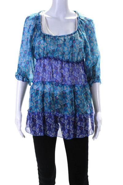 Zara Basic Womens Silk 3/4 Sleeve Sheer Floral Tiered Blouse Blue Purple Size S