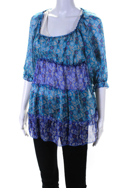 Zara Basic Womens Silk 3/4 Sleeve Sheer Floral Tiered Blouse Blue Purple Size S