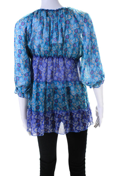 Zara Basic Womens Silk 3/4 Sleeve Sheer Floral Tiered Blouse Blue Purple Size S