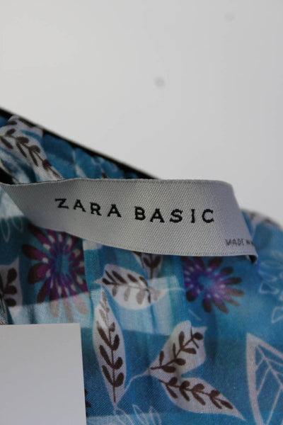 Zara Basic Womens Silk 3/4 Sleeve Sheer Floral Tiered Blouse Blue Purple Size S