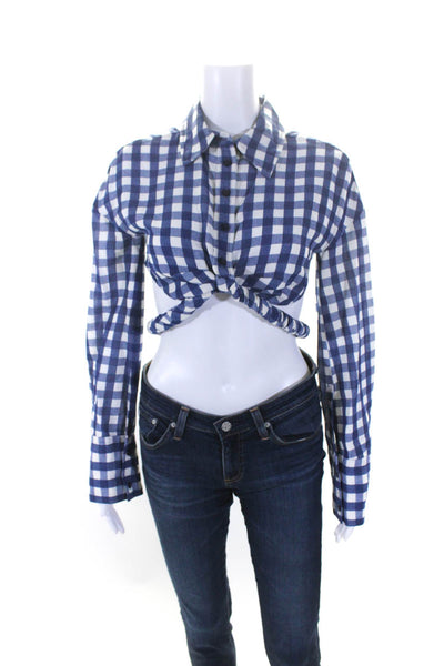 Jacquemus Womens Blue Plaid Belt Collar Long Sleeve Cropped Shirt Size 36