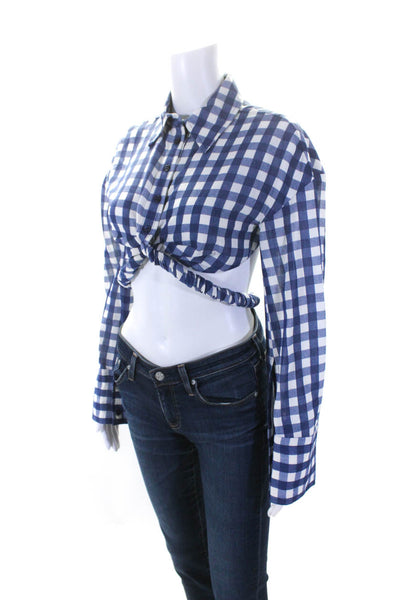 Jacquemus Womens Blue Plaid Belt Collar Long Sleeve Cropped Shirt Size 36