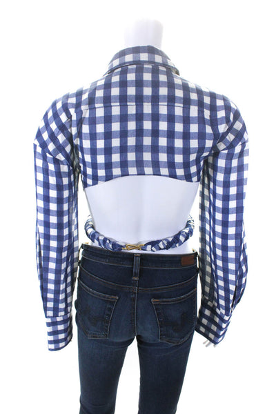 Jacquemus Womens Blue Plaid Belt Collar Long Sleeve Cropped Shirt Size 36