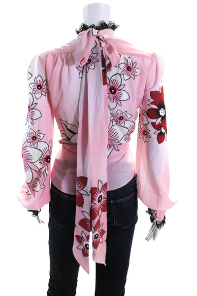 Rodarte Womens Silk High Neck Floral Lace Trim Long Sleeve Blouse Pink Size S