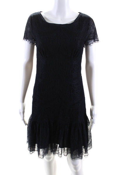 Magaschoni Womens Lace Short Sleeve Ruffled Hem Mini Shift Dress Blue Size 6