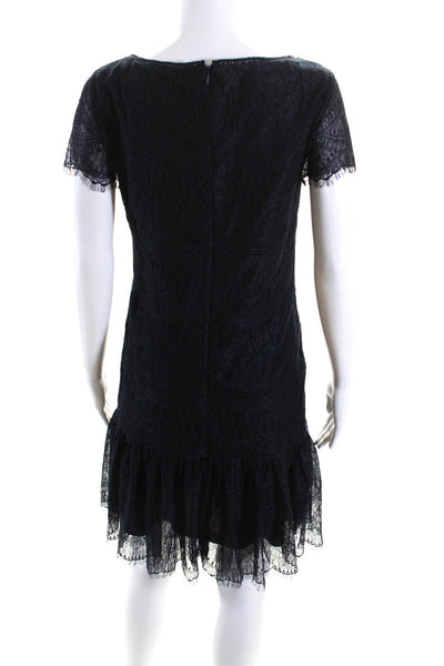 Magaschoni Womens Lace Short Sleeve Ruffled Hem Mini Shift Dress Blue Size 6