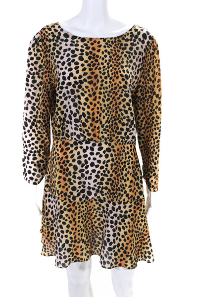 Rixo Womens Kyla Scoop Back Leopard Print Long Sleeve Mini Dress Brown Large