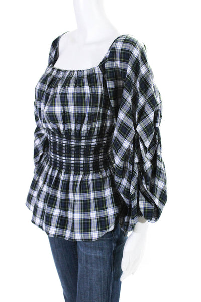 Petersyn Womens Plaid Lantern Sleeve Off Shoulder Top Blouse Blue Green Small