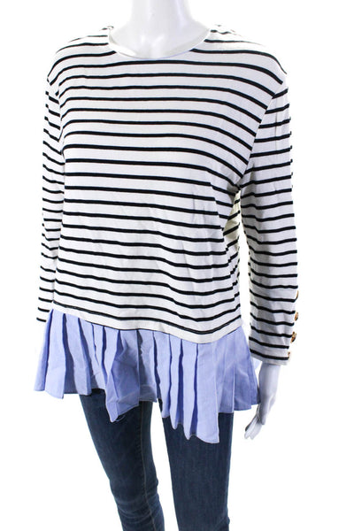 English Factory Womens Cotton Striped Pleated Hem Blouse Top White Size M