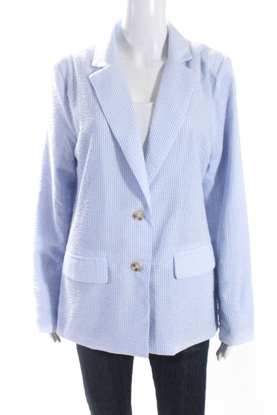 Moving Forward Designs Womens Striped Buttoned Long Sleeve Blazer Blue Size M