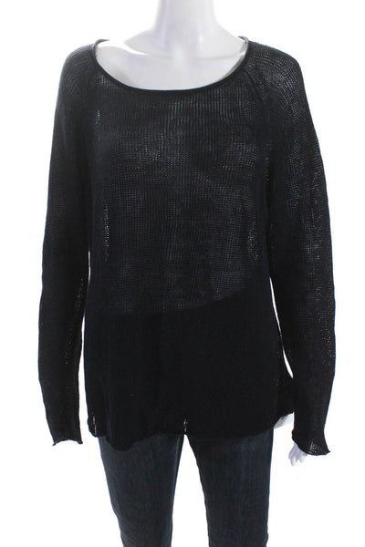 Eileen Fisher Womens Scoop Neck Open Knit Sweater Navy Blue Linen Size XL