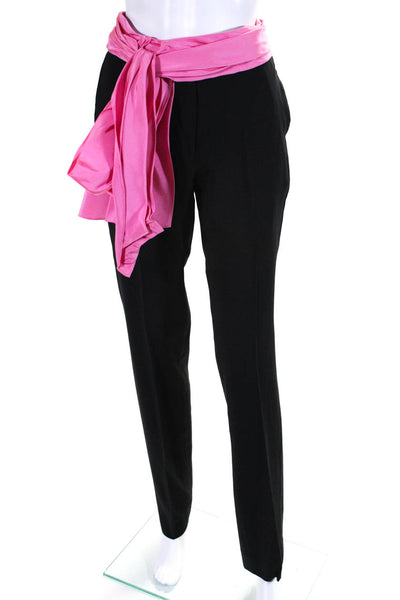 Carolina Herrera Womens Bow Belt Skinny Leg Dress Pants Black Pink Wool Size 6