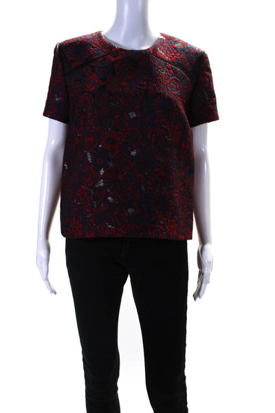 Zac Posen Womens Floral Scoop Neck Short Sleeve Pullover Blouse Top Red Size 10