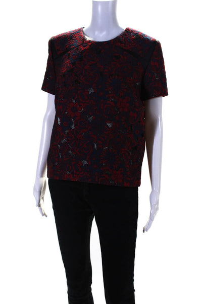 Zac Posen Womens Floral Scoop Neck Short Sleeve Pullover Blouse Top Red Size 10