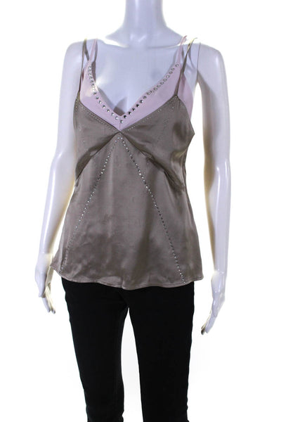 Ottod Ame Womens Crystal Detail Two-Toned V-Neck Cami Tank Top Taupe Size 4