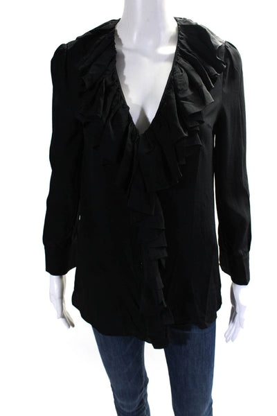 Gucci Womens Silk Crepe Ruffled Collared Button Up Blouse Top Black Size 38