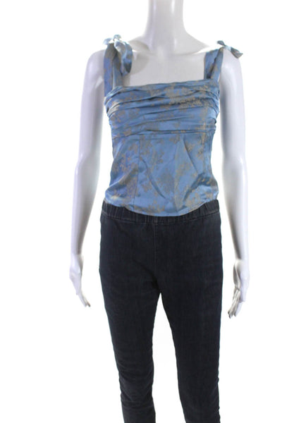 Majorelle Womens Satin Damask Print Pleated Front Corset Tank Top Blue Size XS