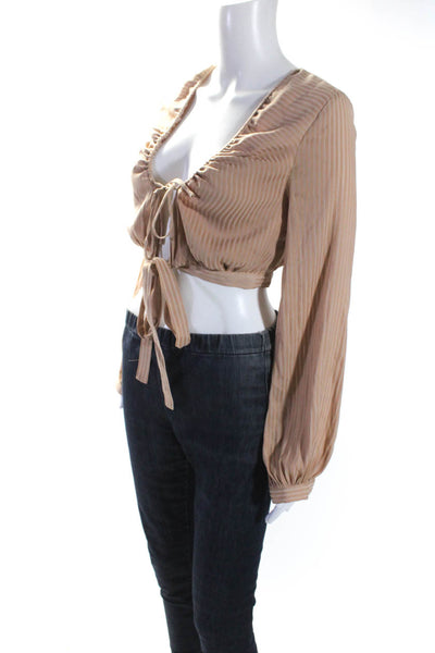 NBD Womens Striped Print Long Sleeve Knotted Front Cropped Blouse Beige Size XS