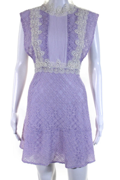 Sandro Paris Womens Textured Lace Trim Sleeveless Zip Up Dress Purple Size 3