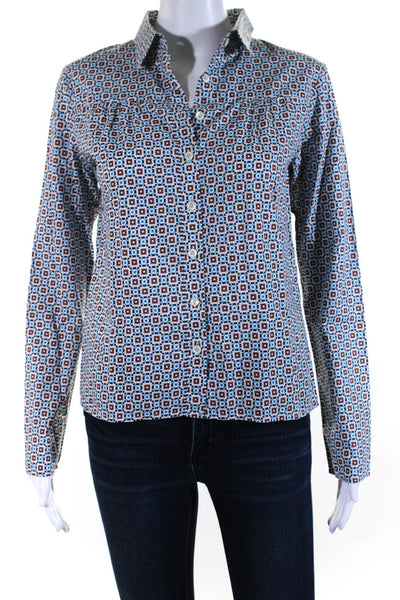 Agnes B Womens Cotton Long Sleeve Geometric Print Button Down Shirt Blue Size 36