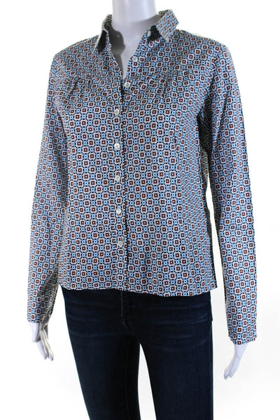 Agnes B Womens Cotton Long Sleeve Geometric Print Button Down Shirt Blue Size 36