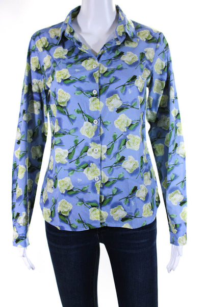 Agnes B Womens Cotton Floral Print Long Sleeve Button Down Blouse Blue Size 36