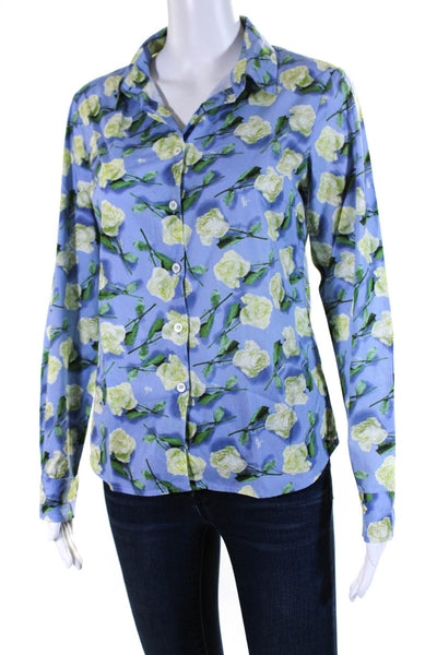 Agnes B Womens Cotton Floral Print Long Sleeve Button Down Blouse Blue Size 36