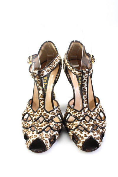 Ombeline Womens Leopard Printed Pony Hair Ankle Strap Sandals Brown White 37