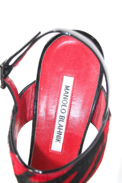 Manolo Blahnik Womens Stiletto Zebra Leopard Print Pony Hair Sandals Red 40.5