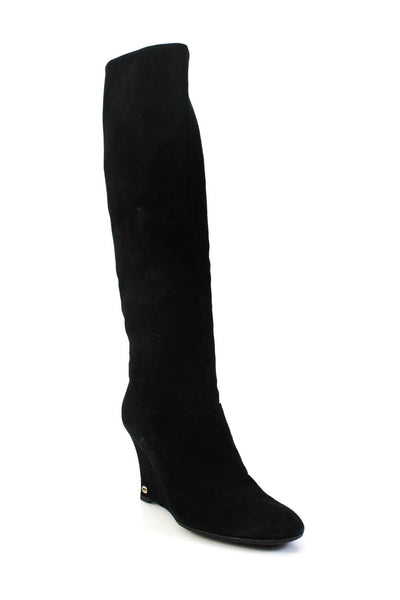 Gucci Womens Slip On Wedge Heel Knee High Boots Black Suede Size 10.5B