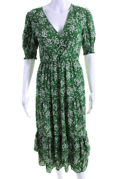 Ba&Sh Womens Floral Printed Smocked Short Sleeve A-Line Maxi Dress Green Size 0