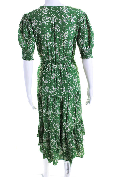 Ba&Sh Womens Floral Printed Smocked Short Sleeve A-Line Maxi Dress Green Size 0