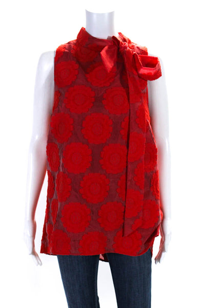 Pearl By Lela Rose Womens Sleeveless Tie Neck Floral Embroidered Top Red Small