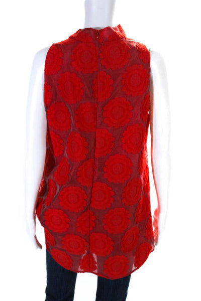 Pearl By Lela Rose Womens Sleeveless Tie Neck Floral Embroidered Top Red Small