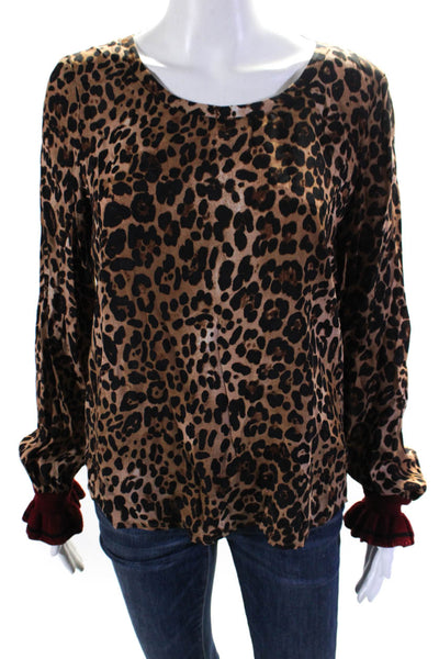 Set Womens Animal Print Round Neck Flounce Long Sleeve Blouse Top Brown Size 6