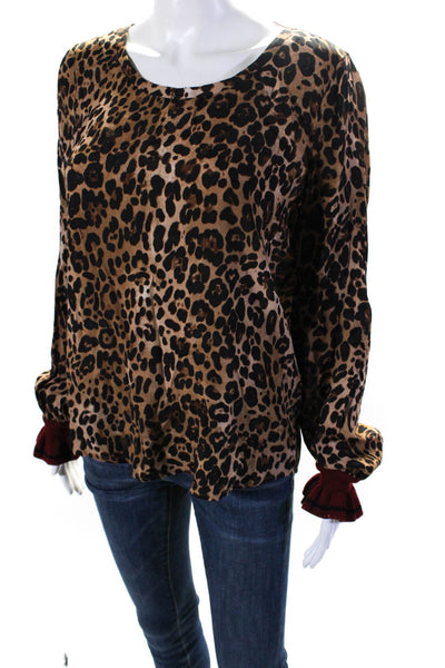 Set Womens Animal Print Round Neck Flounce Long Sleeve Blouse Top Brown Size 6