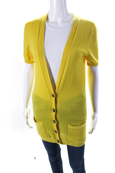 Theory Womens Cashmere Buttoned Short Sleeve V-Neck Cardigan Yellow Size S